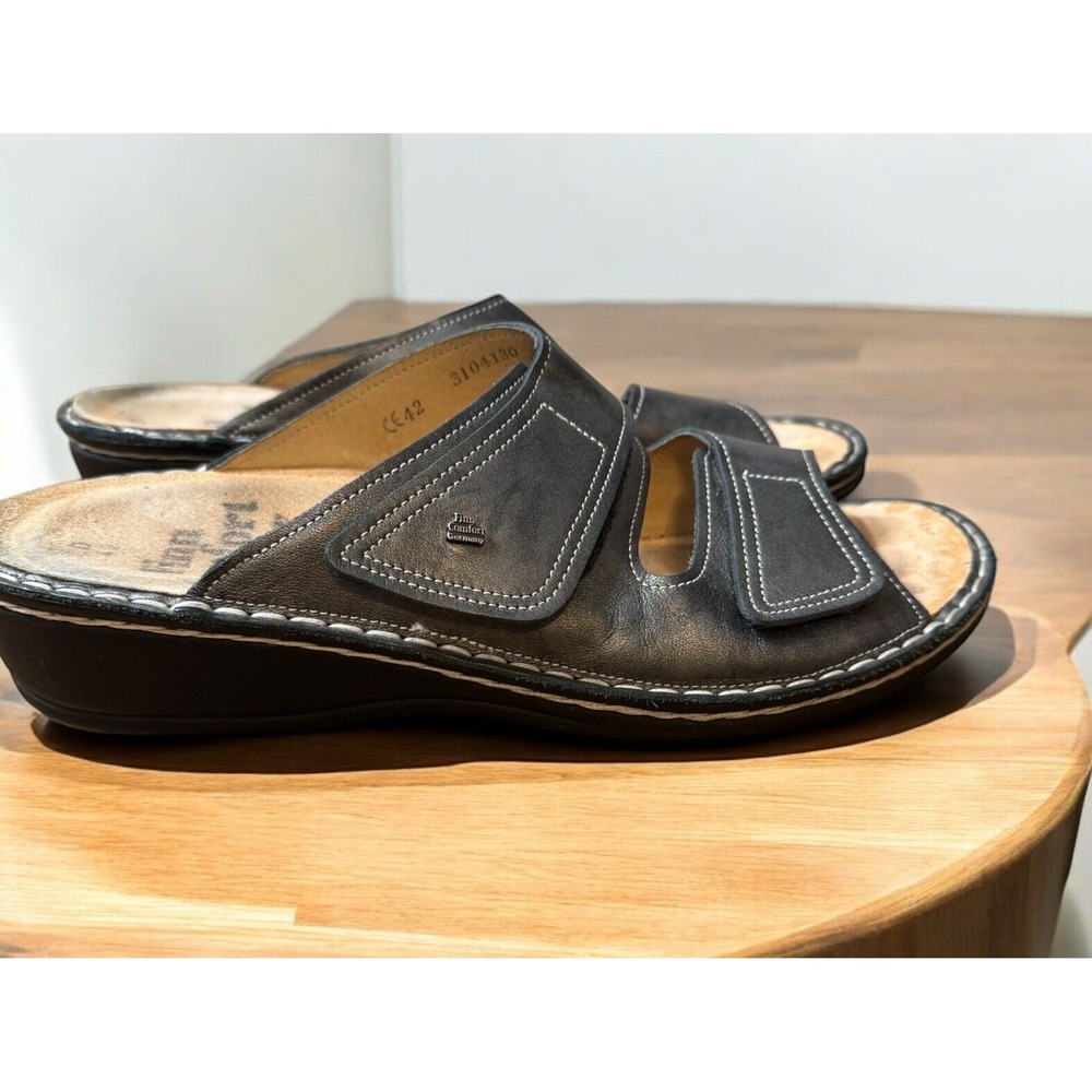 Finn Comfort Germany Metallic‎ Grey Leather Adjustable Slide Sandals Women 42